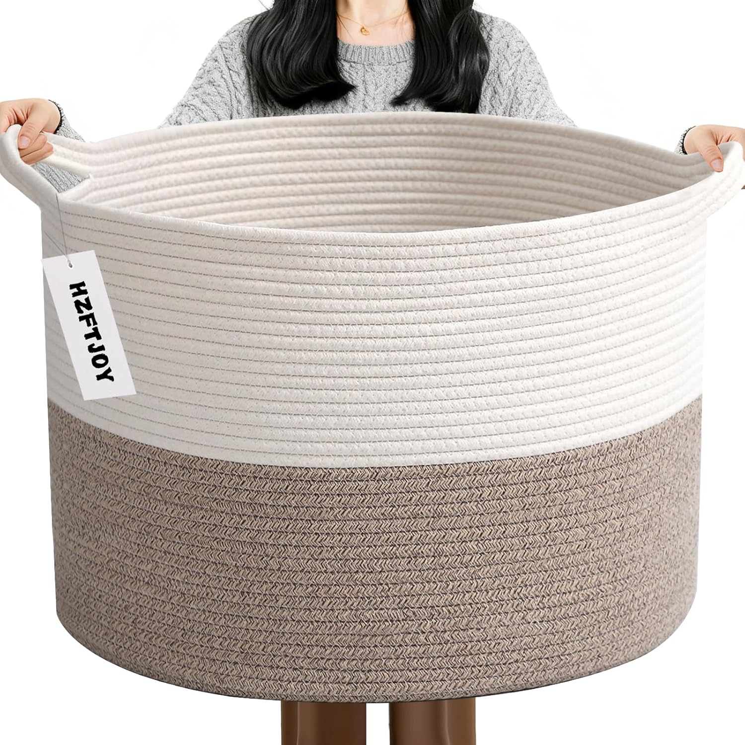 65L Large Blanket Basket,19.7" L x 19.7" W x 13" H Rope Woven Baskets with Handles, Toys Storage Bins,Laundry Basket Perfect for Living Room, Nursery,Bedroom,Home Organization,White&Brown