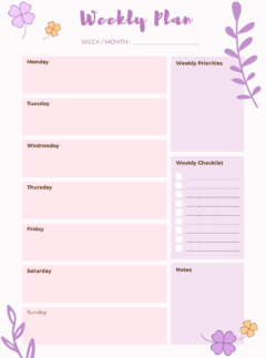 Purple and White Floral Weekly Planner
