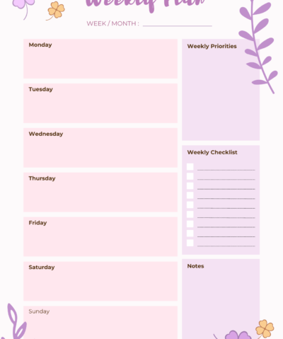 Purple and White Floral Weekly Planner